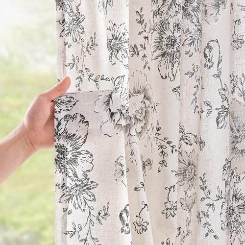 jinchan Black on Beige Floral Linen Curtains 84 Long, Pack of 2, Unlined, 50"W x 84"L