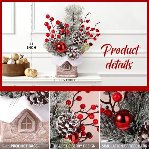 KPX Cabin-Snow Mini Christmas Tree with Ornaments - Tabletop Artificial Holiday Decor