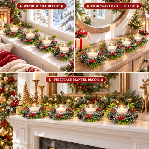 Christmas Candle Ring Wreath Set with Votive Candles & Holders - Holiday Decor