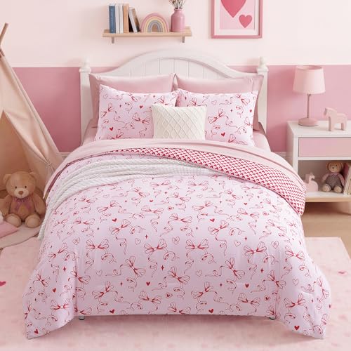 AMBERSPACE Red Bow & Heart Full Comforter Set for Girls - 7 Pieces, Aesthetic Bed in a Bag