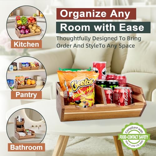 Acacia Wood Pantry Storage Bins Set - Stackable Fruit and Vegetable Organizer
