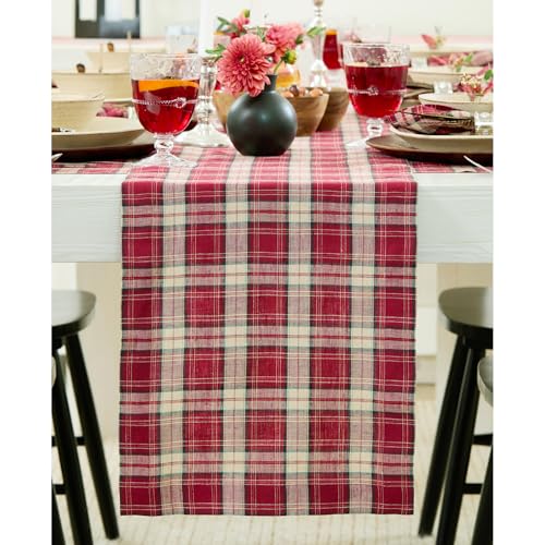 Solino Home Burgundy Tartan 100% Linen Table Runner 14 x 108 Inches