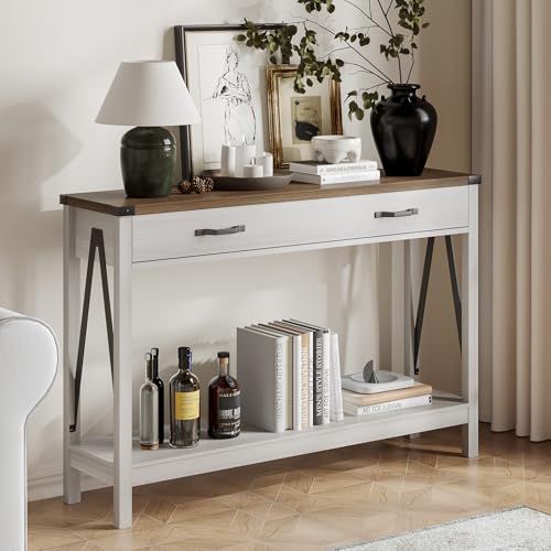 ChooChoo 47 Inch Farmhouse Console Table with Drawer & Storage Shelf - White & Brown