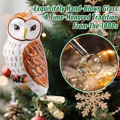 Hand-Blown Glass Owl Christmas Ornament with Tree Clip - Woodland Decor