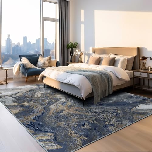 Blue and Gold Abstract Area Rug 8x10 - Washable, Pet-Friendly Living Room Mat