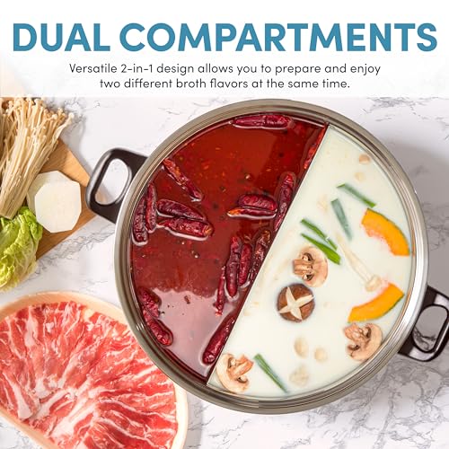 Dual-Sided Hot Pot 5Qt Stainless Steel - Adjustable Temperature, Dishwasher Safe