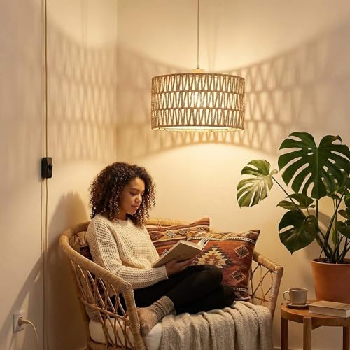 Qingmiao Boho Plug-in Pendant Light with Handwoven Shade - 3-Way Dimmable, 14ft Cord, Cylinder Drum Variant