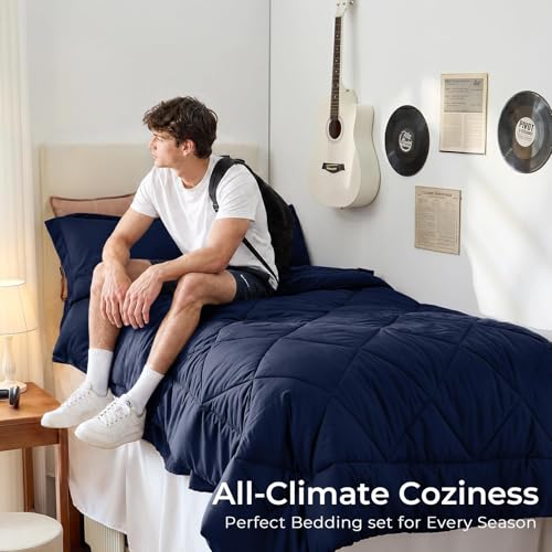 HEVUMYI 5-Piece Twin XL Comforter Set Navy Bed in a Bag - Soft Microfiber Bedding