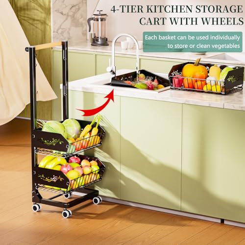 Black 4-Tier Removable Rolling Snack Cart with Wheels - Kitchen Storage