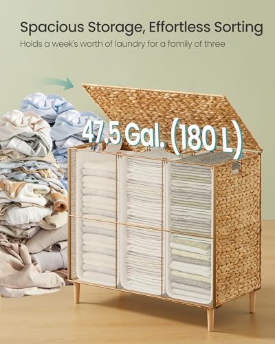 SONGMICS Natural Water Hyacinth Laundry Hamper with Lid 180L Wicker Basket, 3-Section Family Size