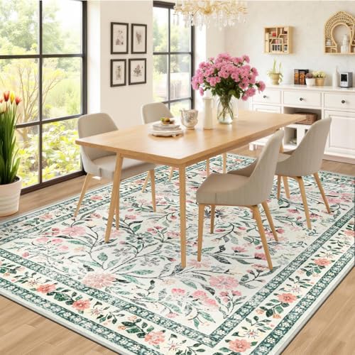 PLHXFR 8x10 Green Beige Floral Washable Area Rug for Living Room