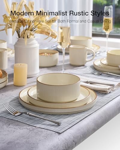 Famiware Plates and Bowls Set with Rim, Stoneware Dinnerware Sets for