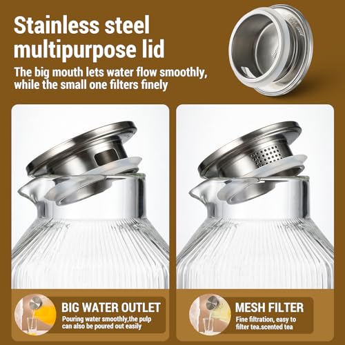 Snuvid 1 Gallon Square Classic Stripes Glass Pitcher with Lid - Vintage Style, Large Capacity, Dishwasher Safe, for Iced Tea & Beverages (Variation 1)