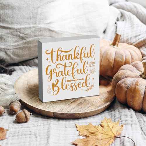 HTBIG Thanksgiving Decor Thankful Gratefulbl Blessed Home Desktop Wooden Box Signs Applies To Room Indoor Office 5 x 5 Inch