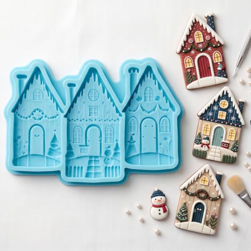 Christmas Snow House Silicone Mold – Candy/Fondant Mold with Blue Snow Cabin (Style O)