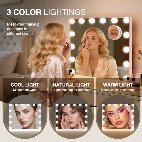 Vanity Makeup Mirror with Lights - 3 Color Modes, Dimmable LED, 10X Magnification, White, 15.7"L x 20.5"W