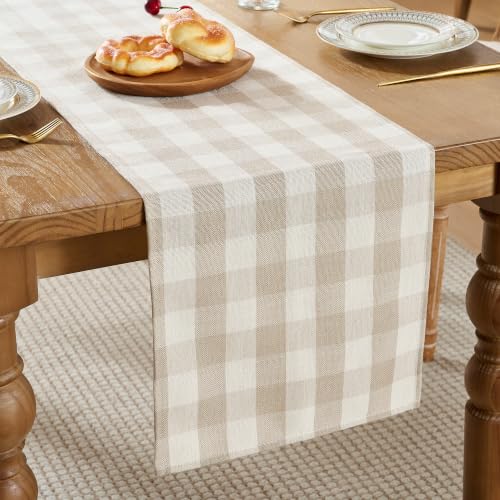POSEAT Beige Gingham Table Runner 72 x 13 Inches | Cotton Linen Blend