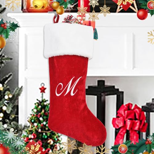 PORRUNNY 20 Inch Red Plush Christmas Stockings - Family Holiday Decor M