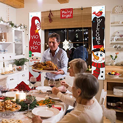 Sumind 3 Pieces Christmas Banner Decorations, Red Welcome Merry Christmas Porch Sign Bright Santa Claus Snowman Door Banner Hanging Decor for Winter Holiday Theme Party Supplies