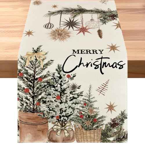 Xmas Trees Holly Pine Cone Merry Christmas Table Runner, Seasonal Winter Decoration for Home Kitchen Dining Holiday Decor 13x72 Inch