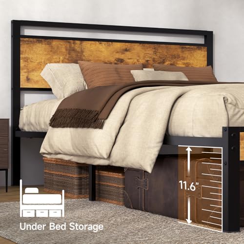Z-hom Upgraded Full Size Bed Frame with Wooden Headboard & Footboard - Vintage Brown