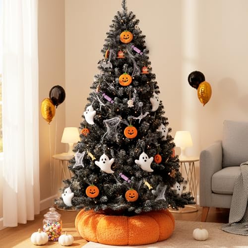 Facdiwok Full Black 6ft Artificial Halloween Christmas Tree with Purple LED Lights