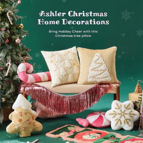 Beige Ashler Christmas Tree-Shaped Pillow with Embroidery, 19x17 Inches