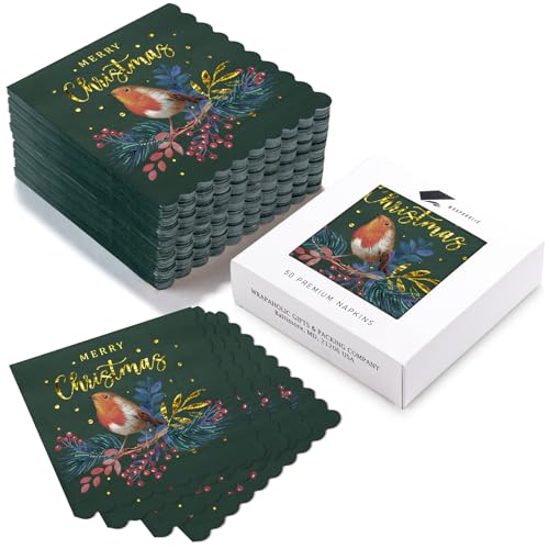 Christmas Paper Napkins 50-Pack, 3-Ply Holiday Bird & Merry Christmas Design