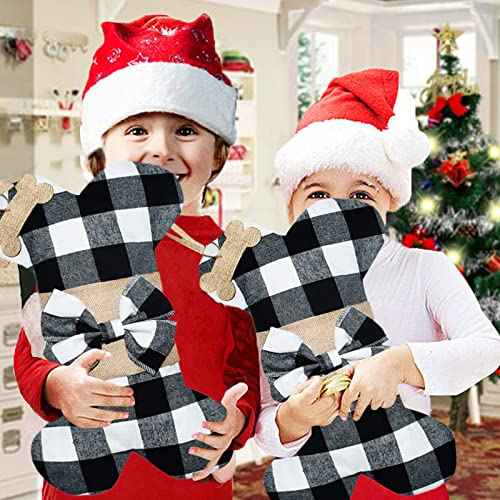 Senneny Pet Dog Christmas Stockings Buffalo Black White Plaid Burlap Large Bone Shape Hanging Christmas Stocking for Dogs Pets