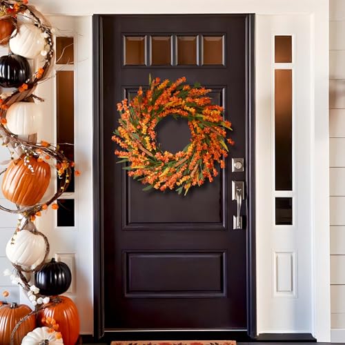 Orange Fall Wreath 24 Inch Front Door Decor - Handmade Autumn Wreath