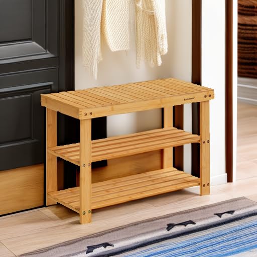 SONGMICS Light Bamboo 3-Tier Shoe Rack Bench - Entryway Storage Organizer