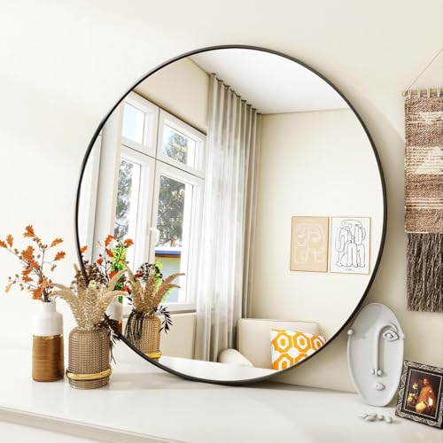VooBang 30-Inch Black Round Bathroom Mirror with Thin Metal Frame Wall Mount