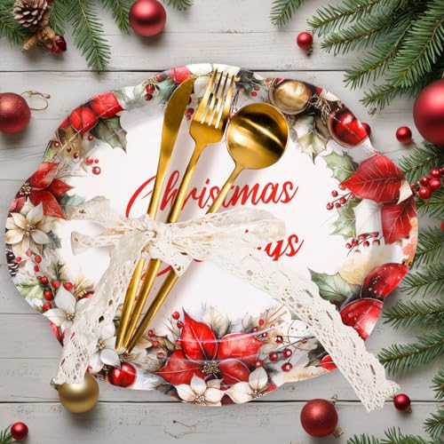 Fancy Land 24-Pack Christmas Oval Plates 10x12, Disposable Holiday Dinnerware