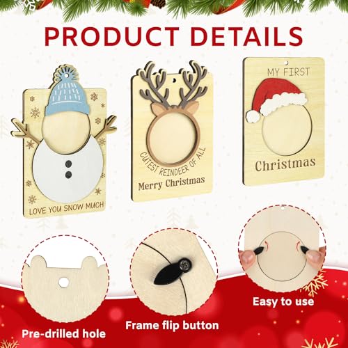 Xmas Baby First Christmas Wooden Photo Frame Ornaments Snowman Santa Reindeer - 3PCS