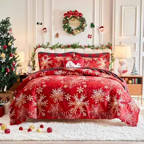 UOZZI Bedding Christmas Snowflake Queen Comforter Sheet Set 7 Pieces Reversible Holiday Bed in a Bag - Red & Gold
