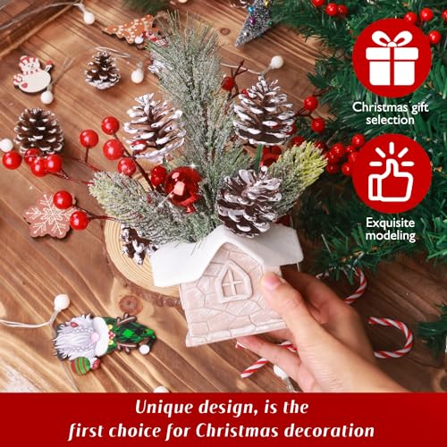 KPX Cabin-Snow Mini Christmas Tree with Ornaments - Tabletop Artificial Holiday Decor