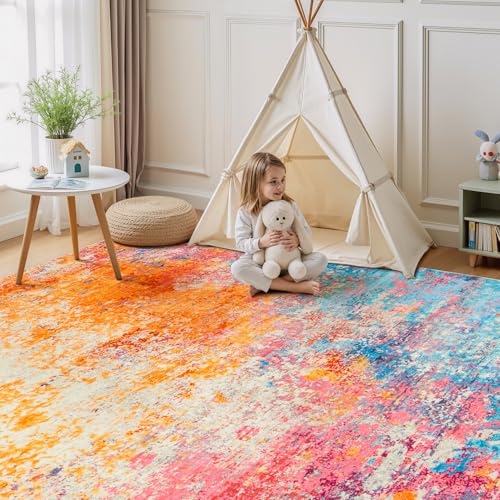 Rainbow Washable Area Rug 5x7 - Soft Non-Slip Living Room Carpet - Colorful