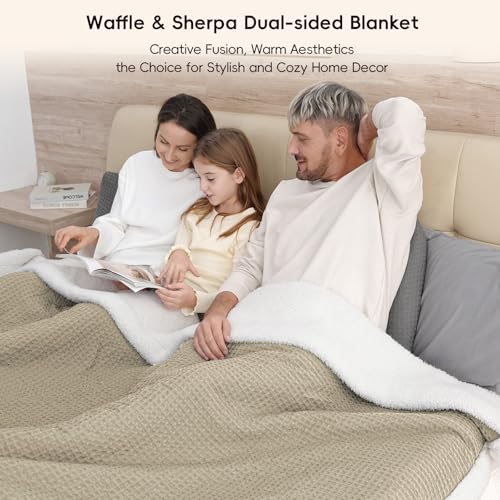 PHF Waffle Sherpa Blanket Queen Size, 90x90 Inches Luxury Plush Flannel Fleece Blanket for Winter, No Shed No Pilling, Cozy Soft & Reversible Waffle Weave Bedding for Home Decor, Khaki