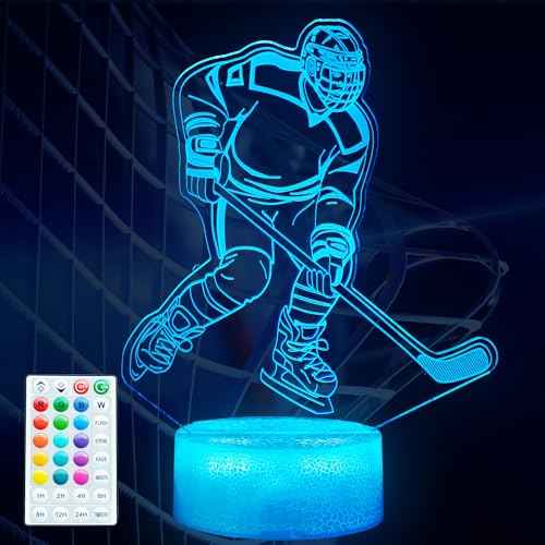 Hockey Night Light, Ice Hockey Gifts, Hockey 3D Lamp with Remote Control, 16 Colors Changing, RGB Flashing Mode, Timer and Dimmable for Birthday Xmas Cool Figurines Gifts for Room Decor Boys Girls