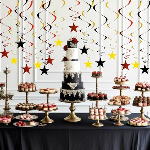 Red Black Gold Star Hanging Swirl Decorations Ceiling Swirl Foil Decoration Hanging Black Gold Red Party Supplies for Birthday Baby Shower Wedding Graduation, 32 pcs