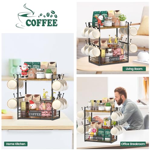 EsLuker.ly Vintage Brown & Black 2-Tier Coffee Mug Holder Tree with 12 Hooks – Countertop Organizer & Display Rack