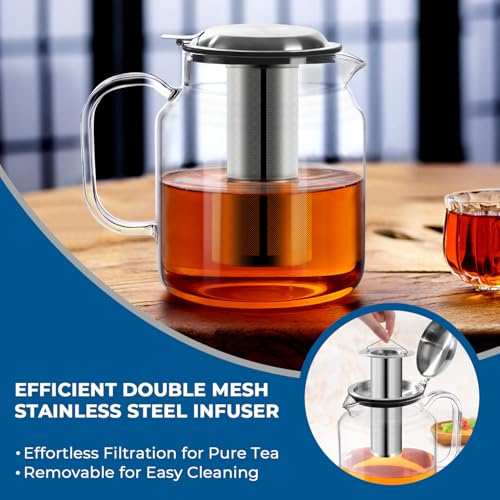 Aquach 85oz Glass Teapot with Infuser - Stovetop Safe Borosilicate Tea Kettle - Large Capacity
