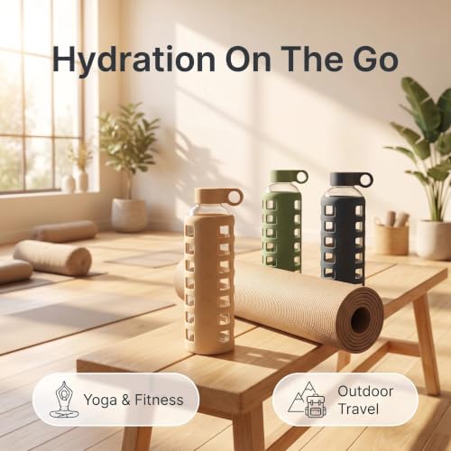 Purifyou 32oz Borosilicate Glass Water Bottle with Time & Volume Markers, Silicone Sleeve, Stainless Steel Lid – Chinese Porcelain Variant