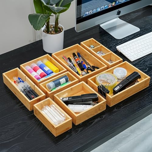 Fabsome Bamboo Drawer Organizer Set of 9 - 2''H Small Wooden Storage Bins for Kitchen, Bathroom, Office, Makeup, and Utensils