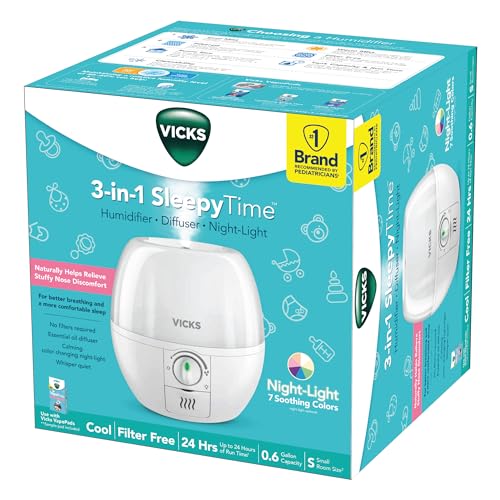 Vicks 3-in-1 SleepyTime Humidifier, No. 1 Brand Recommended by Pediatricians*. Cool Mist Humidifier with Night-Light, and Essential Oil Diffuser for Baby and Kids rooms. Visible Cool Mist, White.