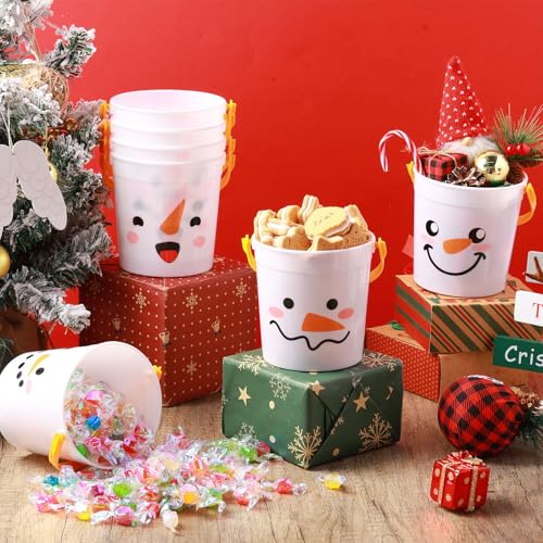 12 Pack Christmas Snowman Plastic Buckets with Handles - Holiday Party Candy & Gift Bails, 4.69 x 3.78 x 4.8 Inches