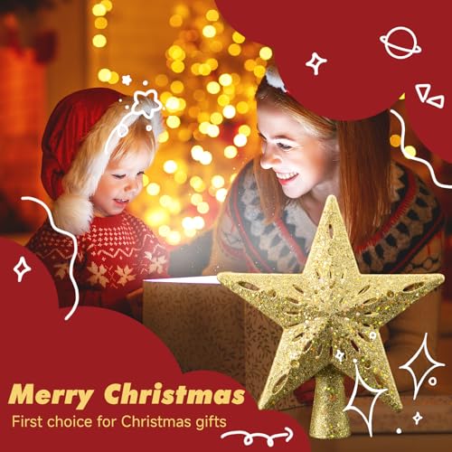 YCIND Golden-Star Lighted Christmas Tree Topper with 3D Hollow Design & 6 Rotating Patterns