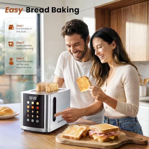 Silver 2-Slice Touch Screen Toaster with Wide Slots, Smart LED Countdown