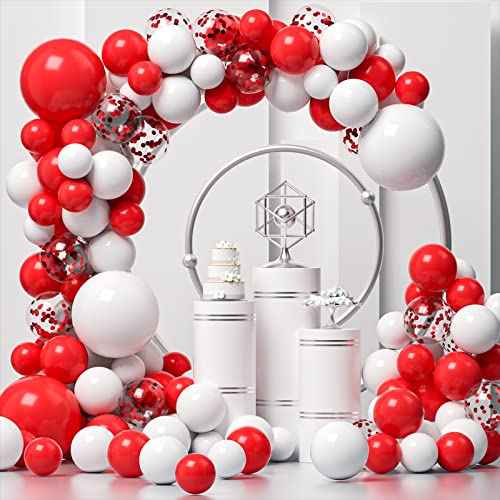 Red White Balloons Garland Kit 134 Pack Different Sizes 18/12/10/5 inch Matte Red Matte White Latex Balloons and Red Confetti Balloons for Wedding Birthday Party Accessory Arch Christmas Decoration
