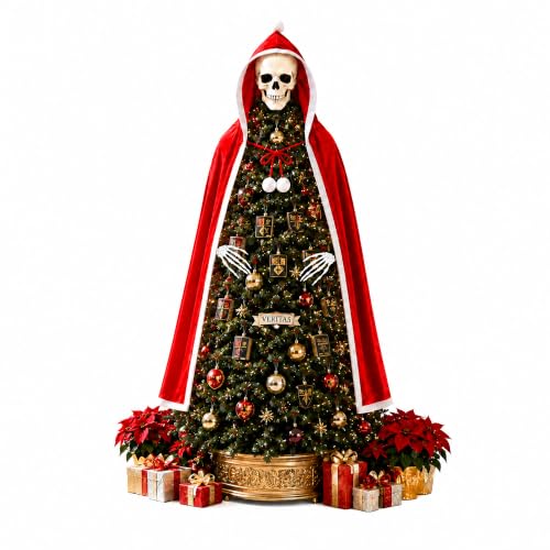8-Inch Gothic Skull Tree Topper with Red Cloak & Skeleton Hands for Christmas Decor